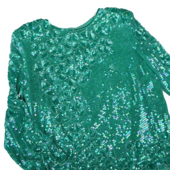 SiLK Vintage SWEE LO 80s Top Full Floral Sequin Disco Silk Emerald Green XXL - Picture 6 of 12